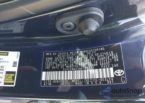 2022 Toyota Corolla Le z USA, uszkodzony, nr VIN 5YFEPMAE5NP285777